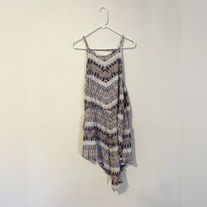 Free people strappy geometric feather printed dress asymmetrical hem white taupe
